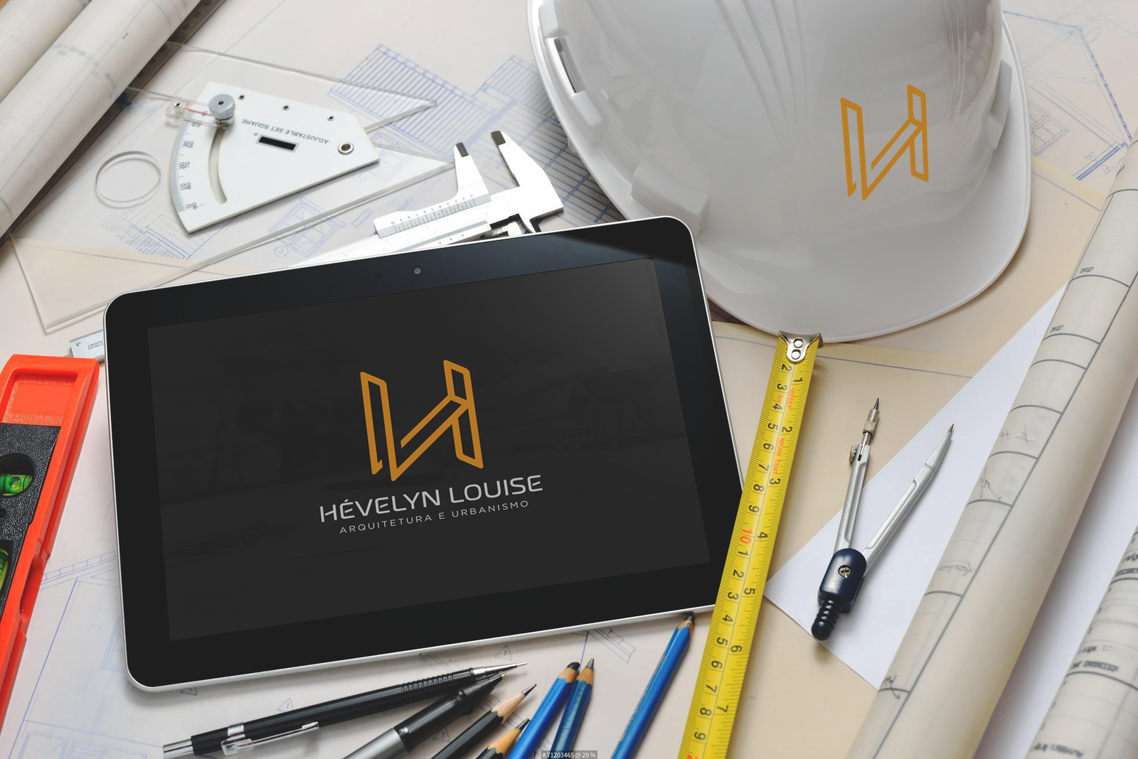 Aplicação da identidade Hévelyn Louise em equipamentos e tela de trabalho